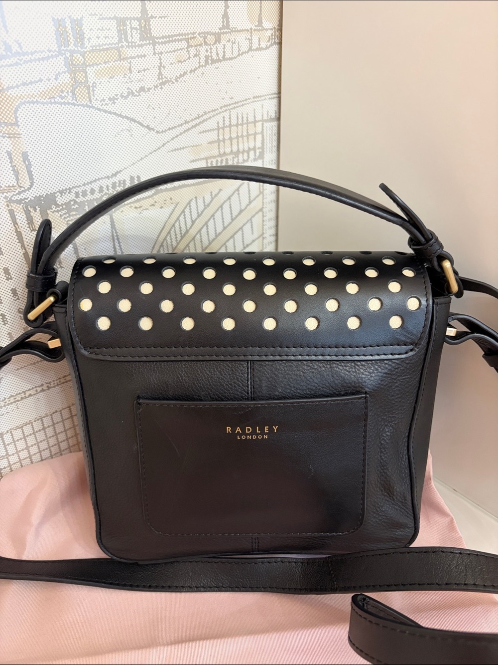 RADLEY LONDON Black Leather Crossbody with Cream Floral Cutouts and Gold Lock - Picture 3 of 16